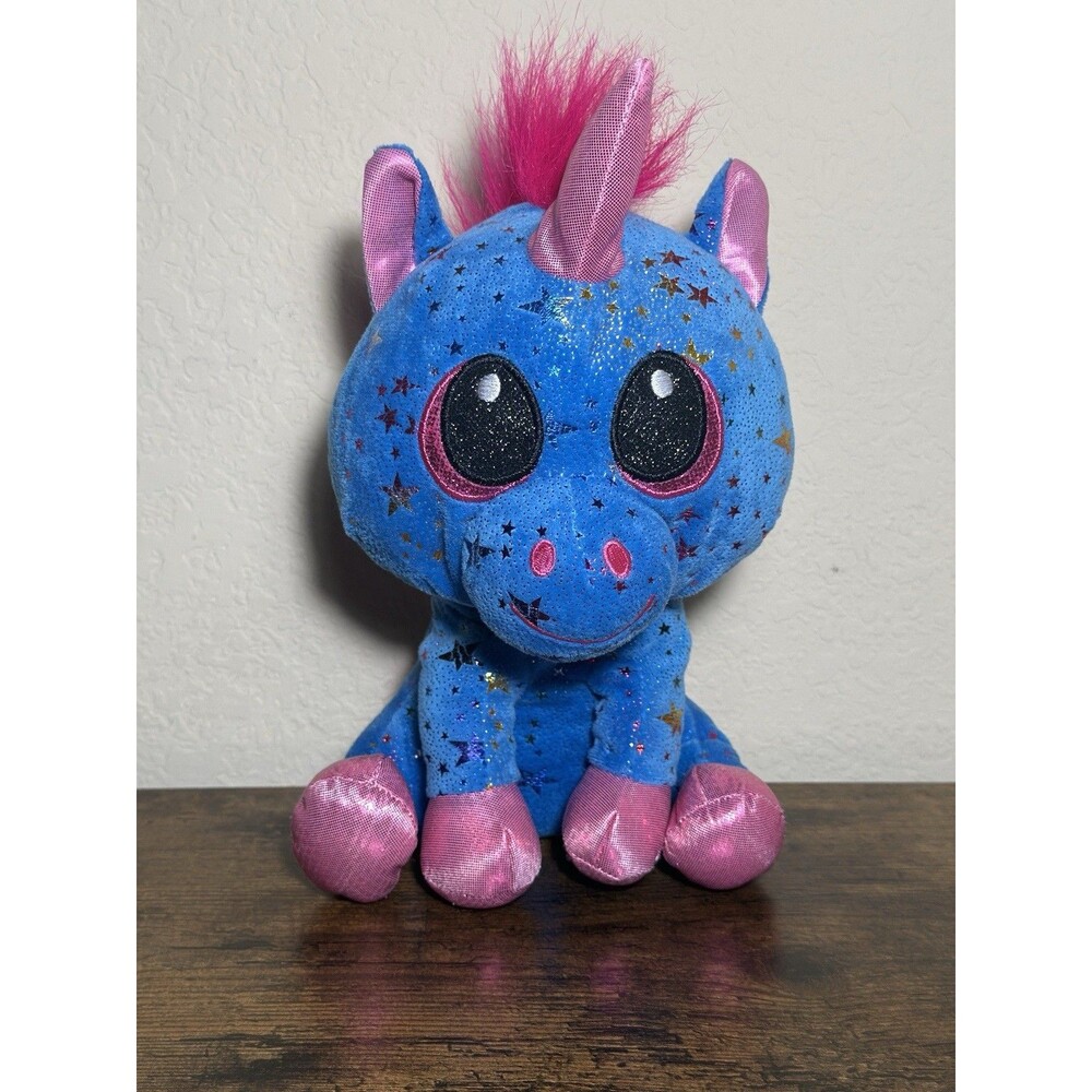 Six Flags blue Unicorn Plush Stuffed Animal Toy Big Eyes Stars Sparkles GUC